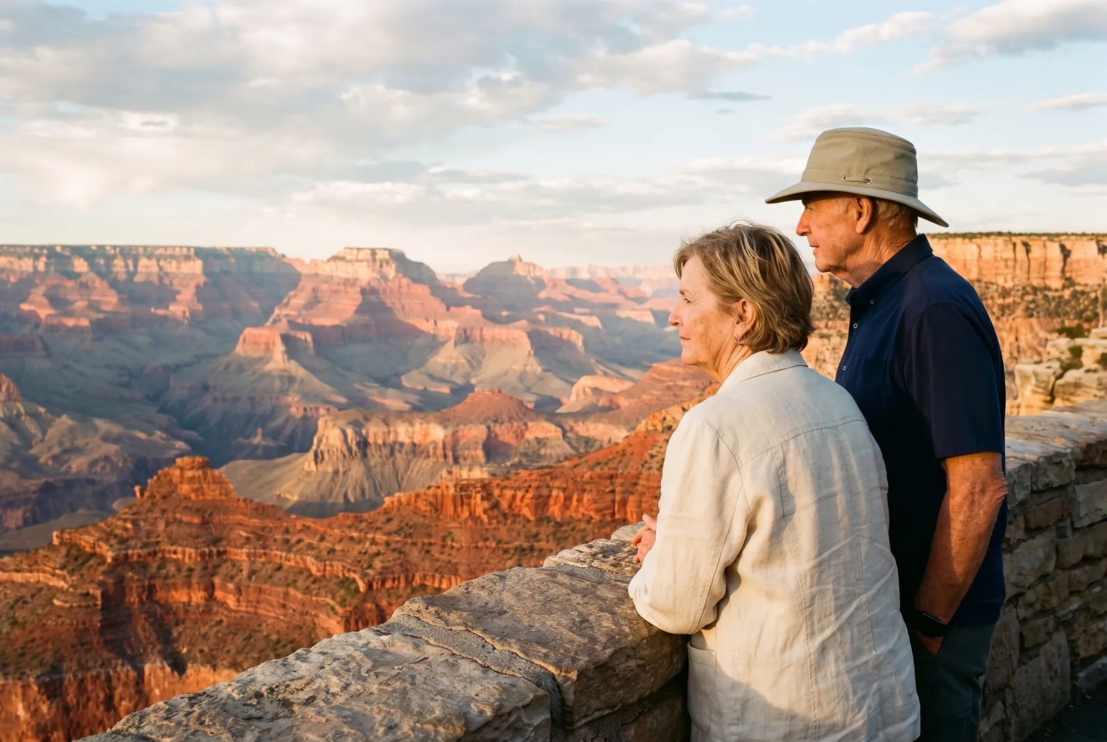 A couple at a stone overlook on the South Rim of the Grand Canyon in late-afternoon light