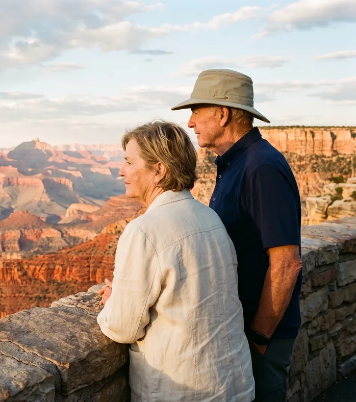 A couple taking in the Grand Canyon from a South Rim overlook