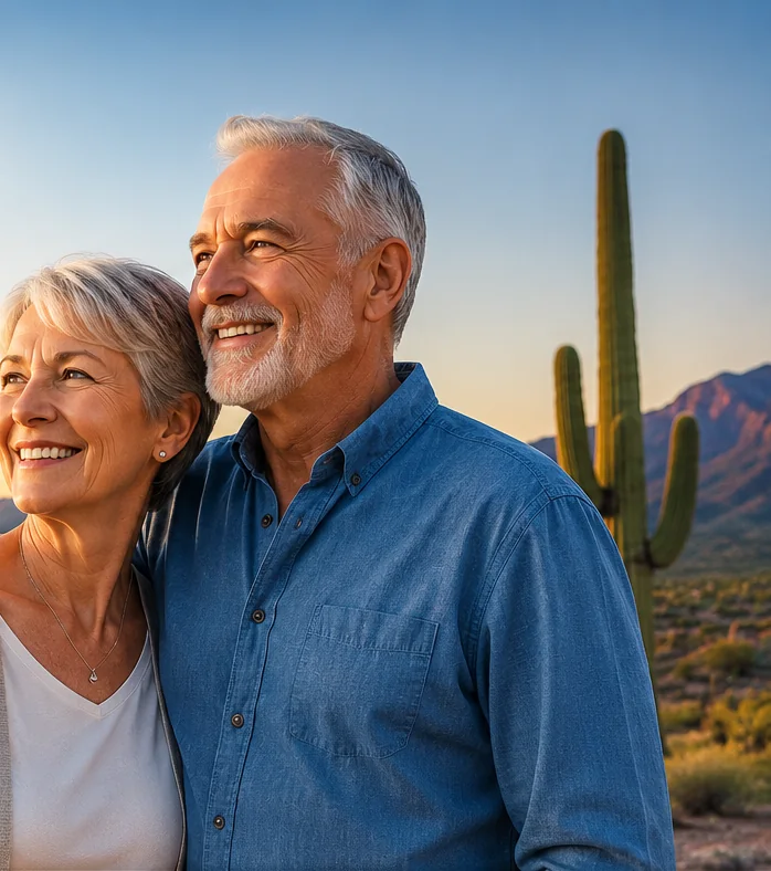 A smiling couple at sunset in the Sonoran Desert, with a saguaro cactus and Arizona mountains behind them