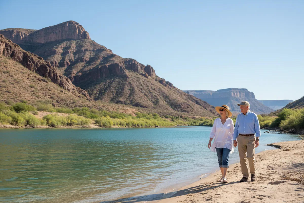 A retired couple walk the Colorado River bank in Bullhead City with the desert mountains