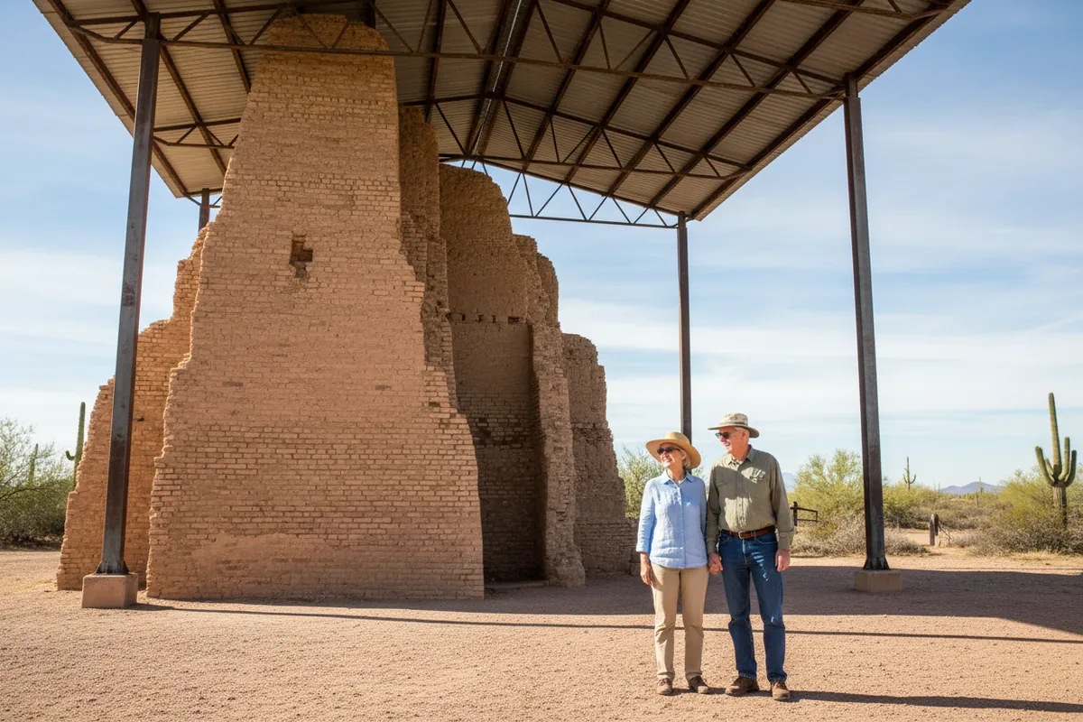A retired couple stand before the ancient adobe great house of Casa Grande Ruins under its steel canopy