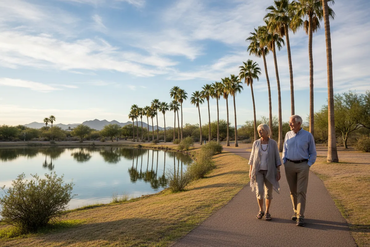 A retired couple walk a park in Chandler with date palms and a desert lake