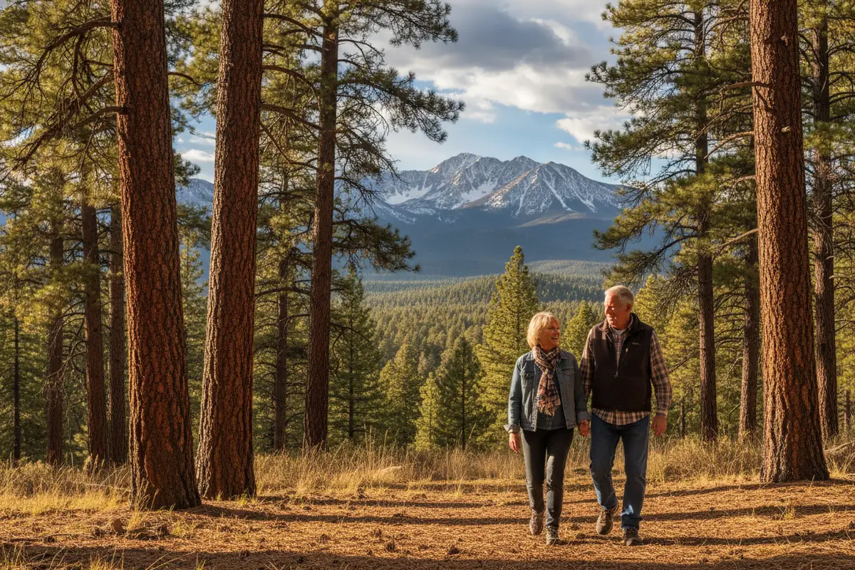A retired couple walk among ponderosa pines with the San Francisco Peaks behind