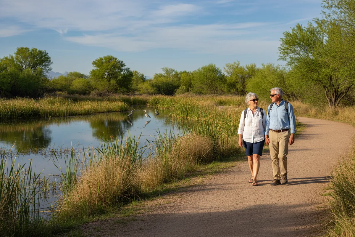 A retired couple walk the Riparian Preserve in Gilbert with ponds and herons