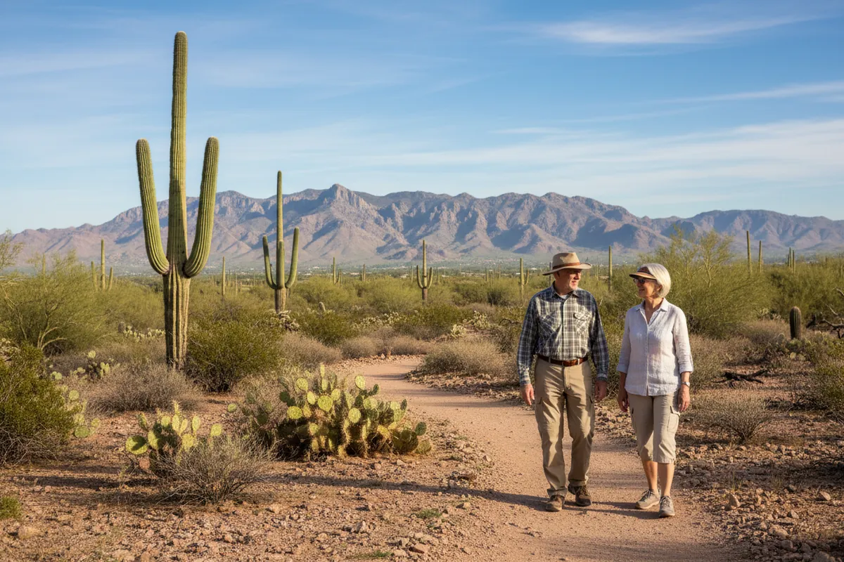 A retired couple walk a desert park in Glendale with saguaros and the White Tanks