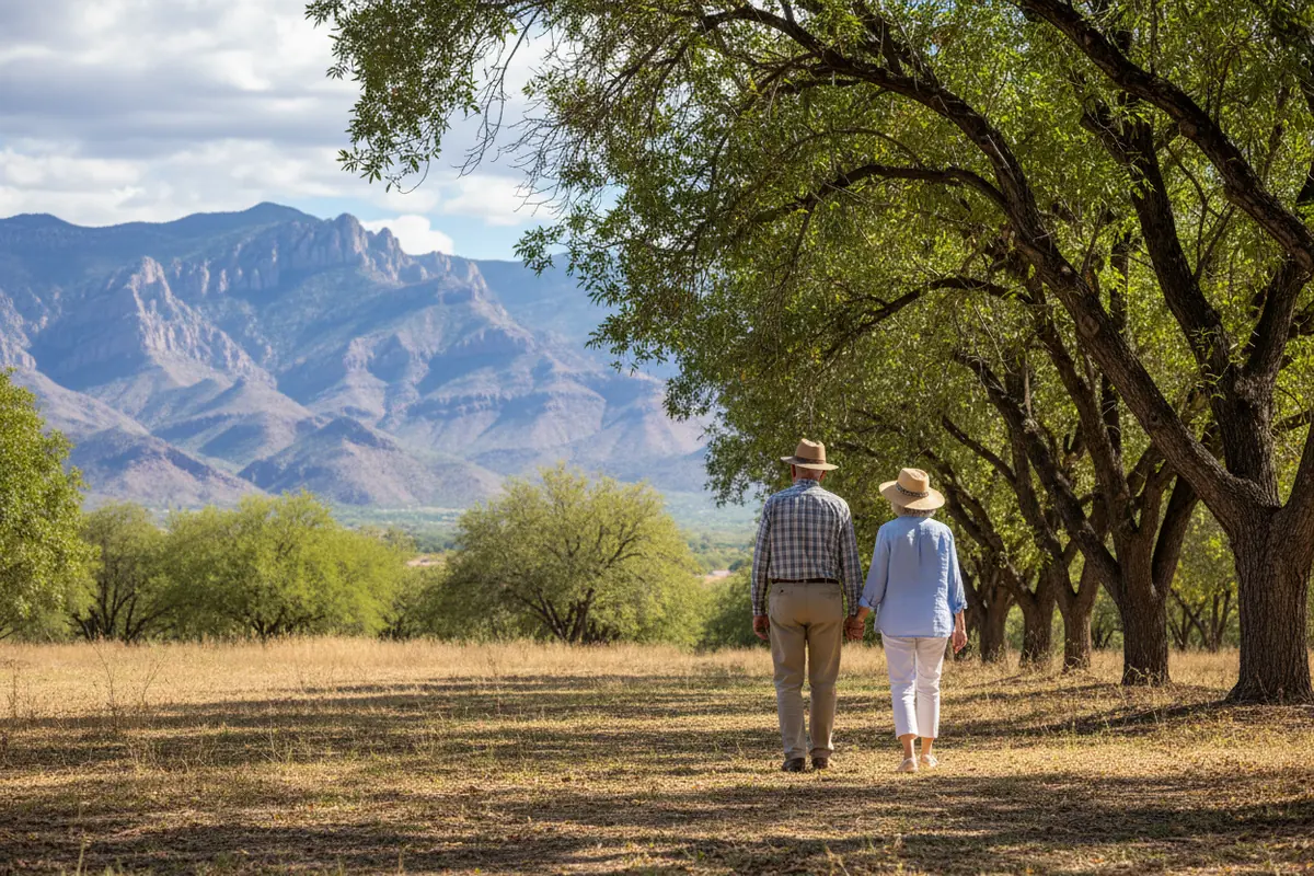A retired couple walk a pecan grove in Green Valley with the Santa Rita Mountains