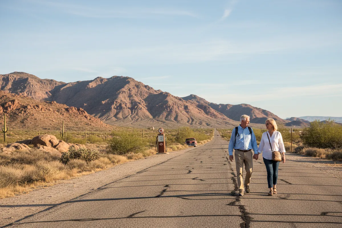 A retired couple walk beside old Route 66 near Kingman with the Hualapai Mountains