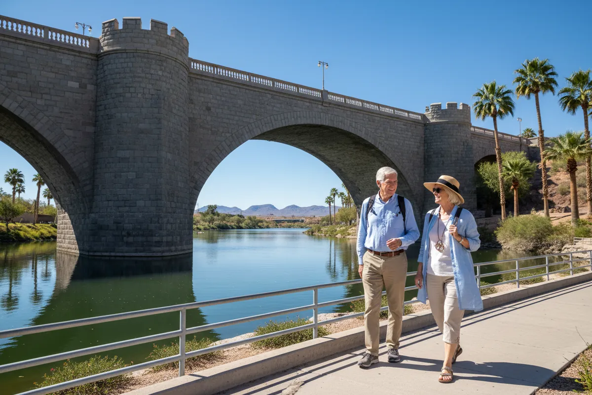 A retired couple walk beneath the London Bridge in Lake Havasu City