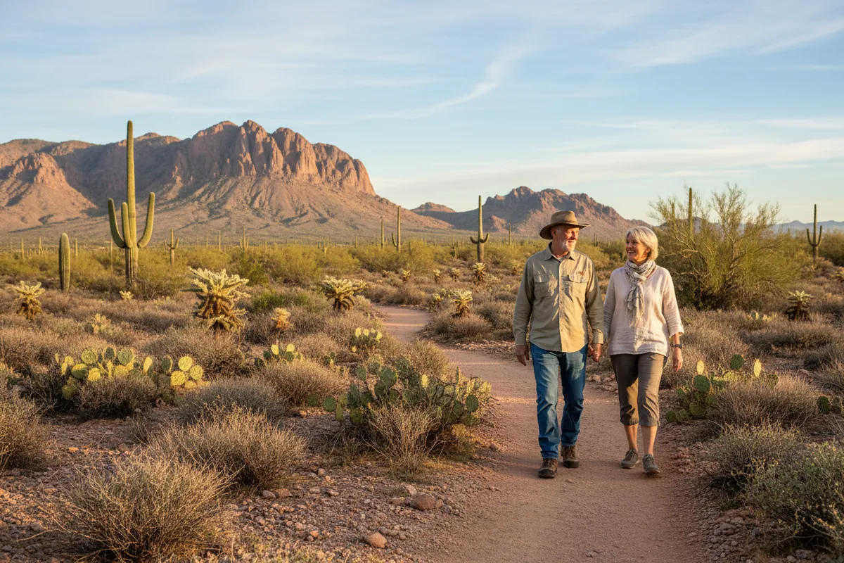A retired couple walk a desert trail near Mesa with the Superstition Mountains