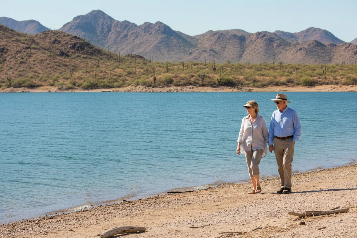 A retired couple walk the shore of Lake Pleasant with desert hills