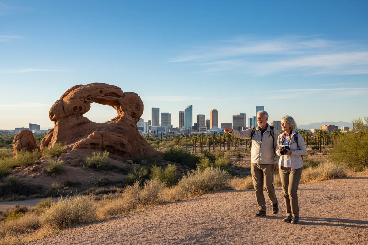 A retired couple walk Papago Park with the Hole-in-the-Rock butte and the Phoenix skyline