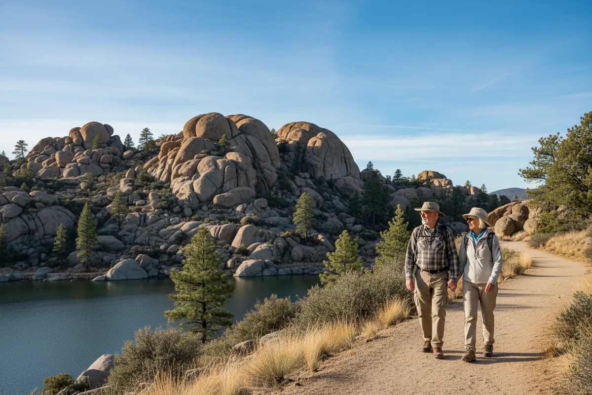A retired couple walk the Watson Lake trail among granite dells