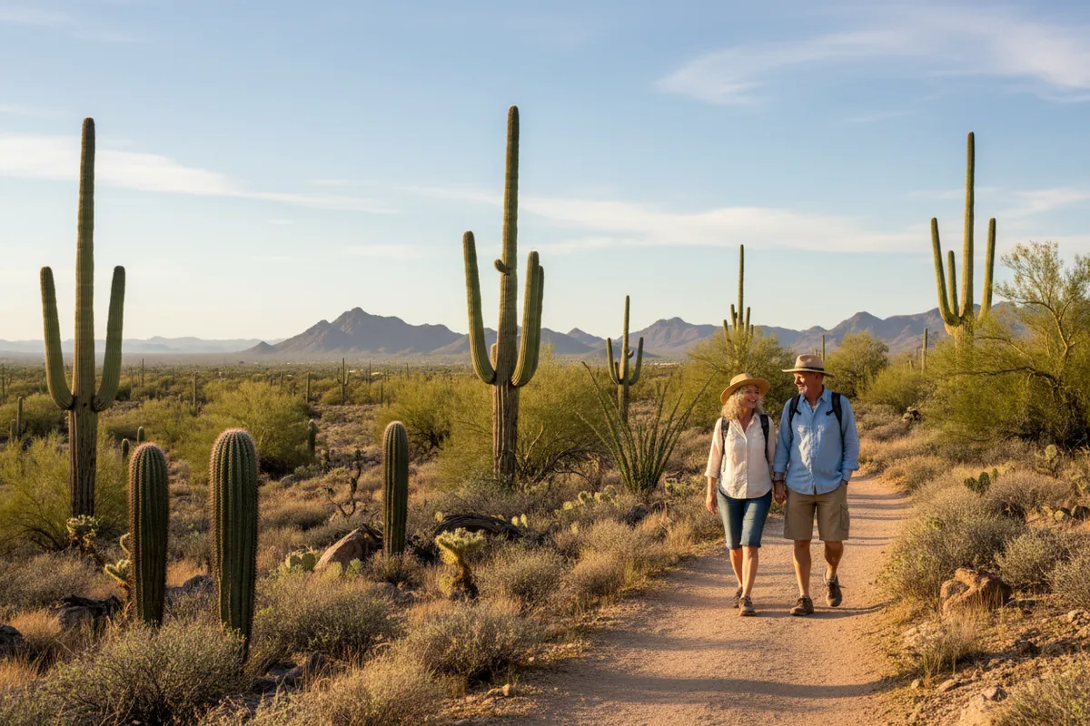 A retired couple walk a saguaro trail in the McDowell Sonoran Preserve