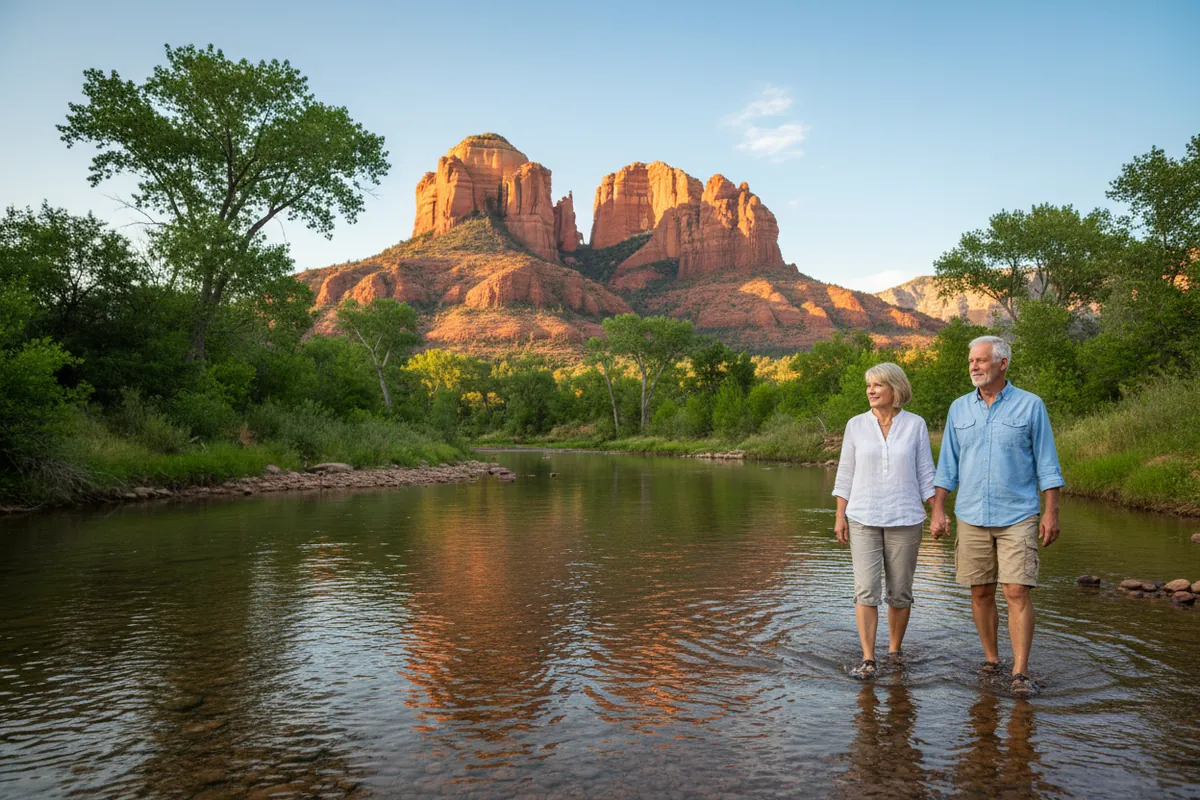 A retired couple walk Oak Creek with Cathedral Rock glowing red behind