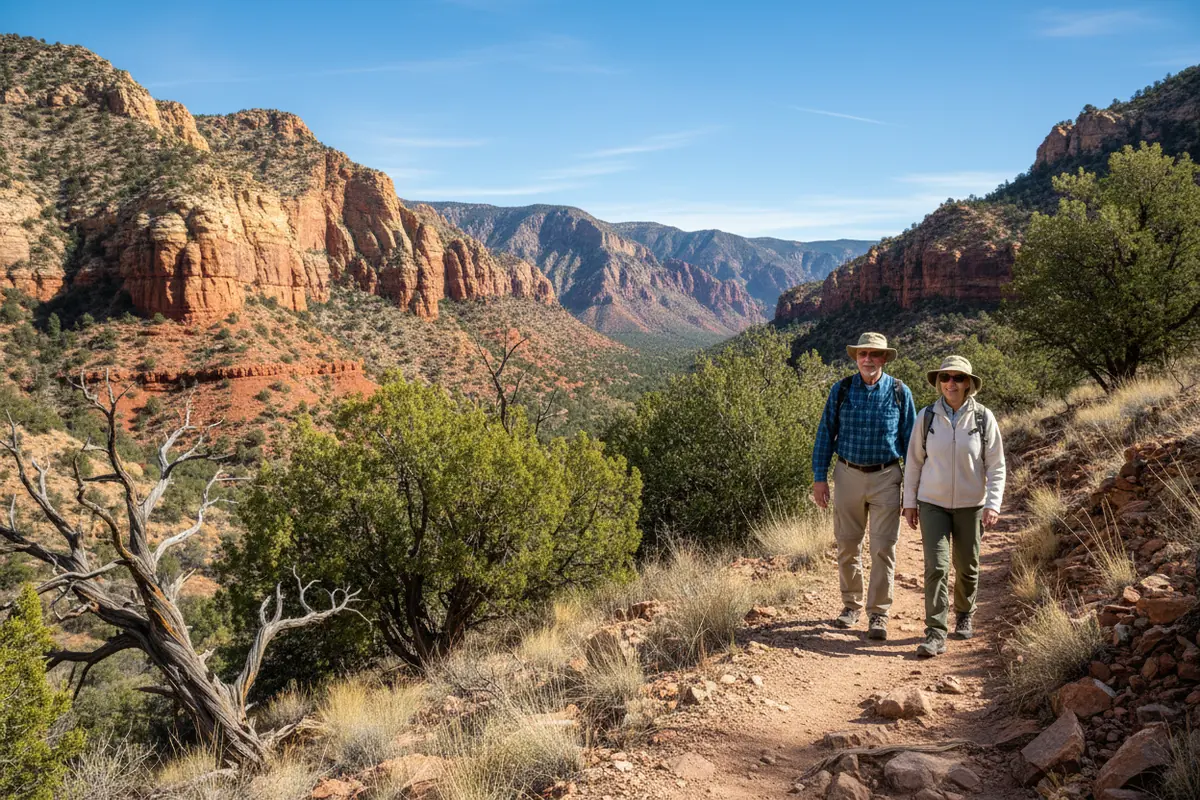 A retired couple walk a canyon trail in the Huachuca Mountains near Sierra Vista