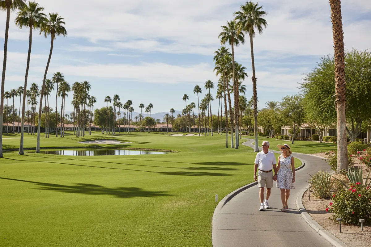 A retired couple walk a palm-lined golf course path in Sun City