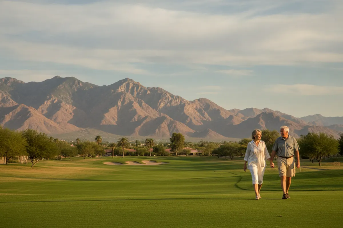 A retired couple walk a golf course in Sun City West with the White Tank Mountains