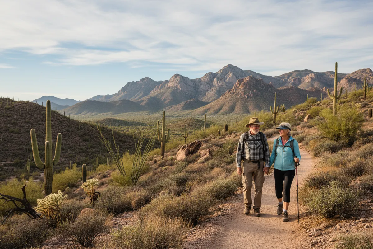 A retired couple walk a trail in the White Tank Mountains near Surprise