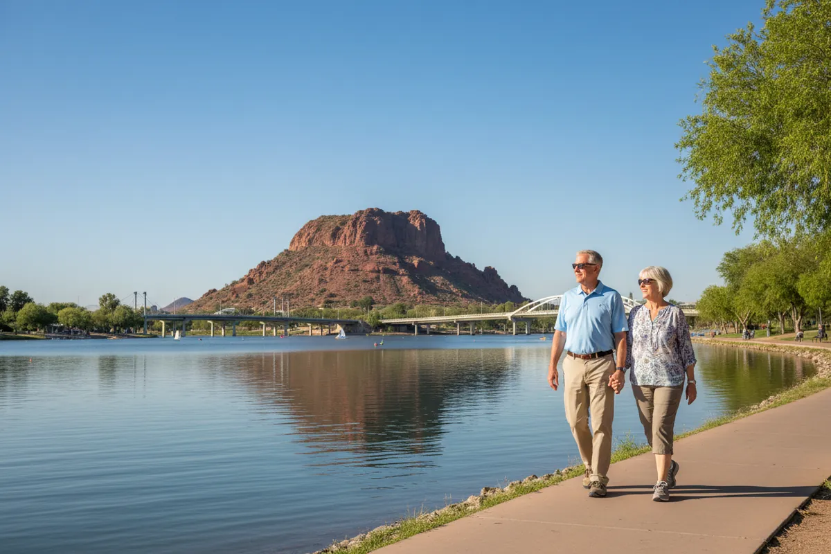 A retired couple walk the Tempe Town Lake path with the butte and the bridges