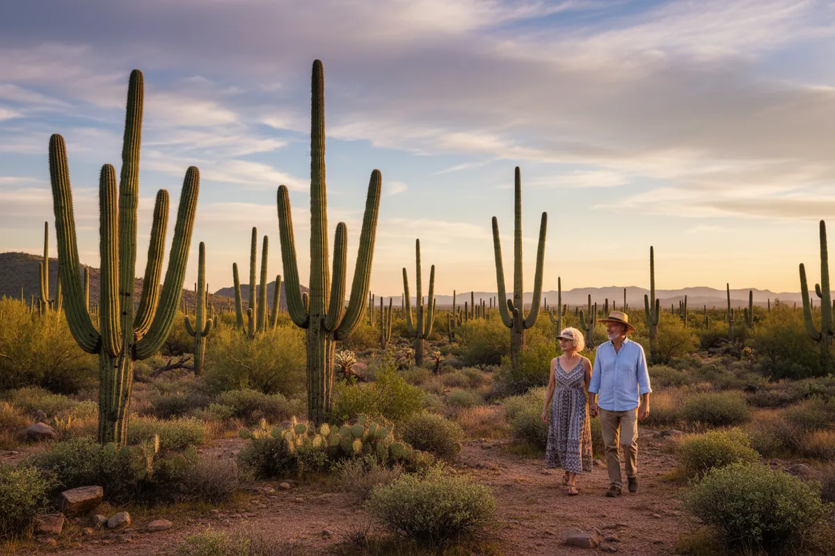 A retired couple walk among the forest of saguaros in Saguaro National Park