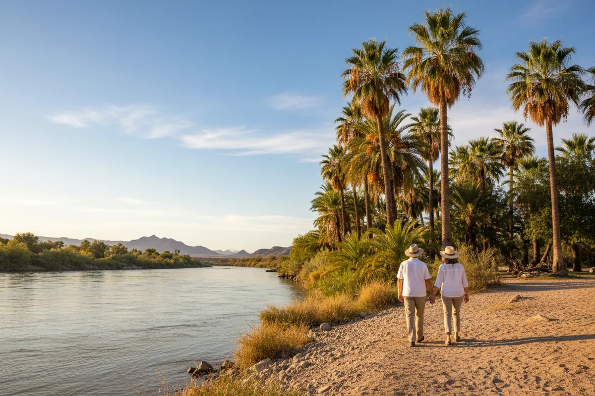 A retired couple walk the Colorado River bank in Yuma with date palms