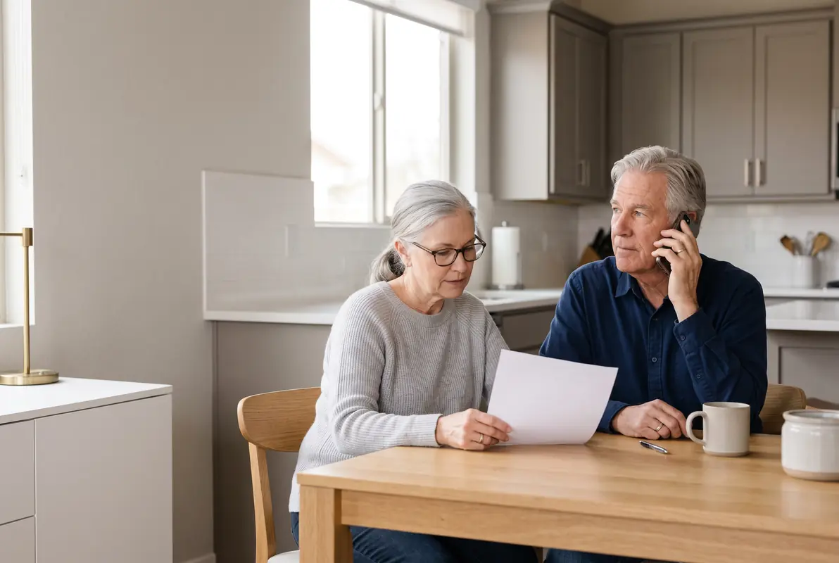 A couple in their late sixties at a kitchen table, the man on the phone, the woman reading a single page